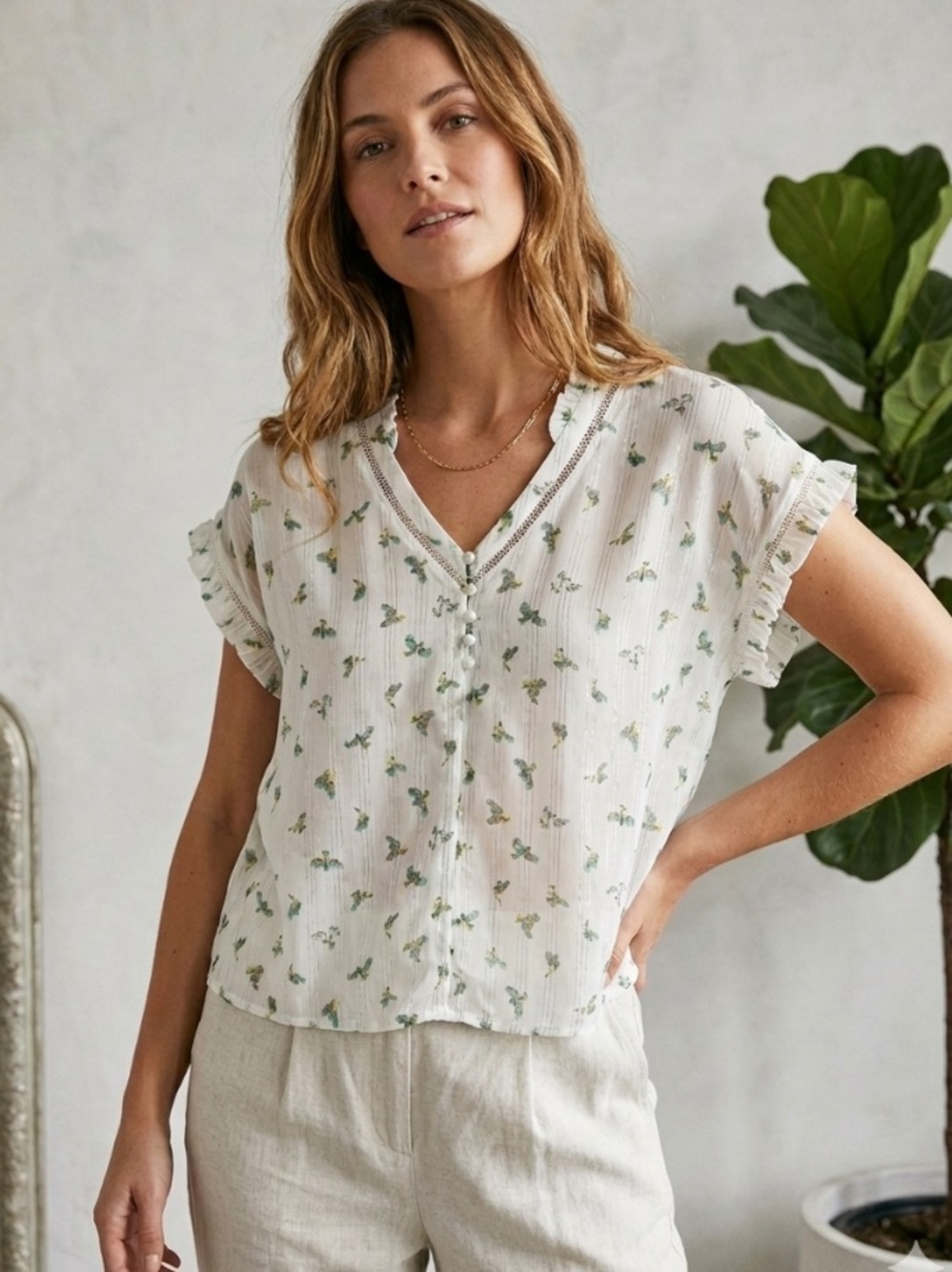 White V-Neck Button Front Blouse with Green Floral Print